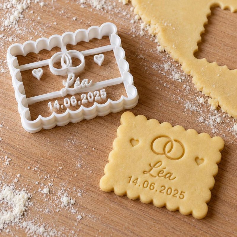 Emporte-pièce petit beurre avec prénoms et date de mariage : version « Alliance », imprimé en 3D par 3D'CLYPSE