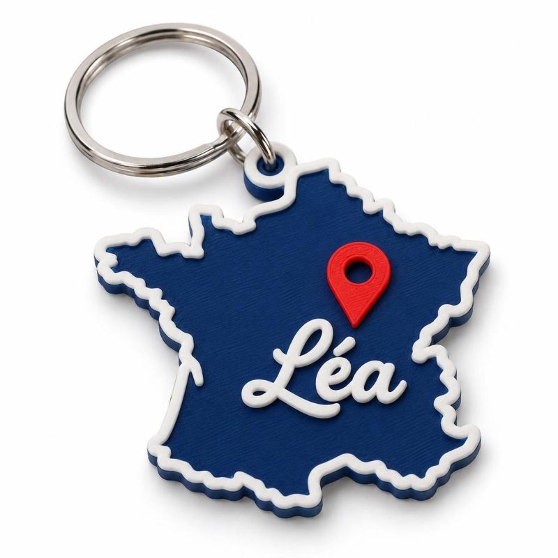 Porte-clé carte France point GPS prénom imprimé en 3D par 3DClypse