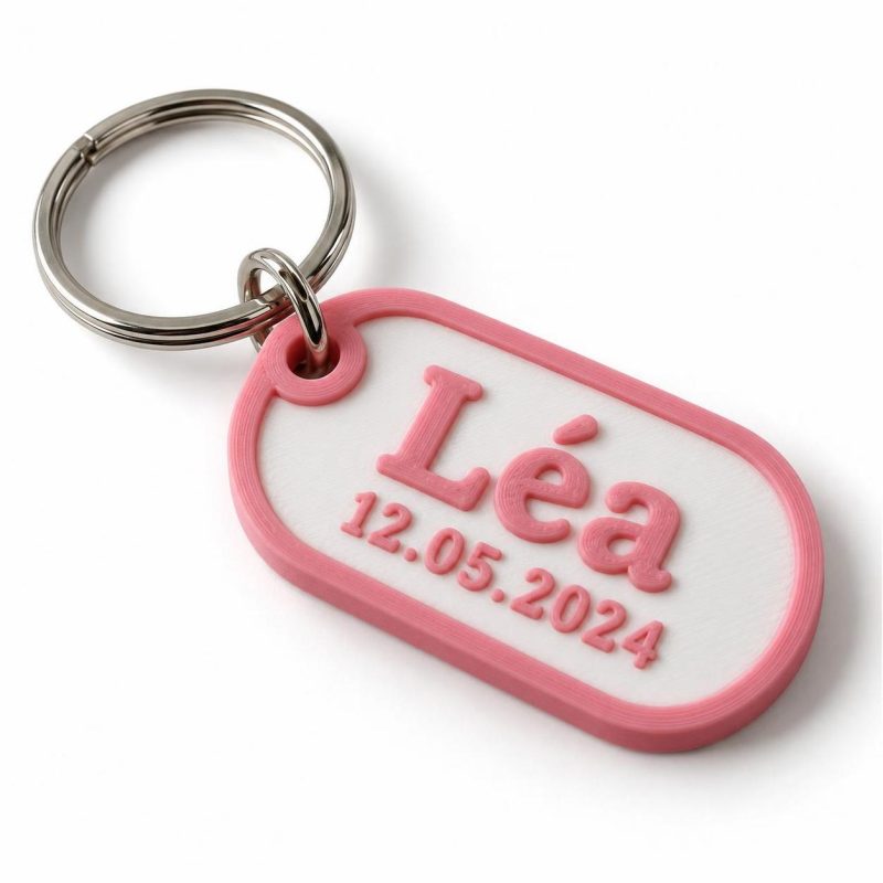 Porte-clé prénom + date imprimé en 3D par 3DClypse