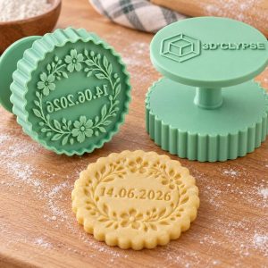 Tampon biscuit couronne fleurie et date personnalisé imprimé en 3D par 3DClypse