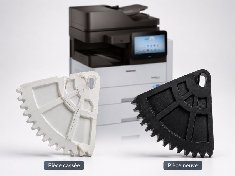 Pièce d'origine cassée comparée à la cassette de levage Samsung JC66-03278A neuve reproduite en impression 3D