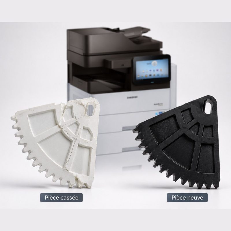 Pièce d'origine cassée comparée à la cassette de levage Samsung JC66-03278A neuve reproduite en impression 3D
