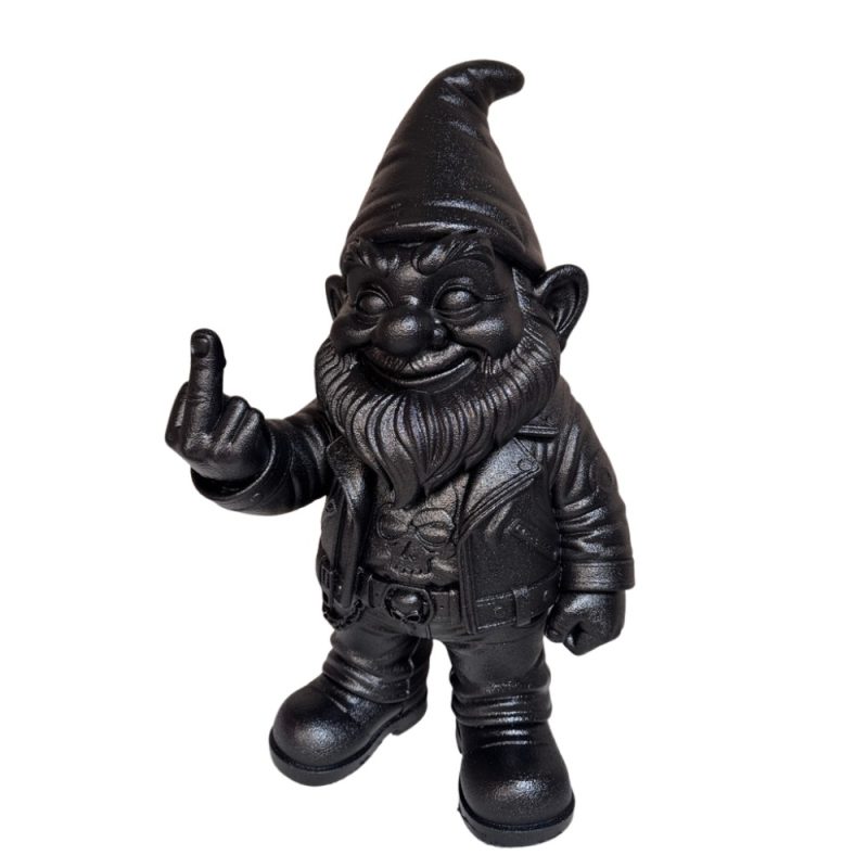 Nain de jardin biker doigt d'honneur en peinture Raptor noir – vue trois quarts