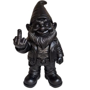 Nain de jardin biker doigt d'honneur peint en Raptor noir – vue de face