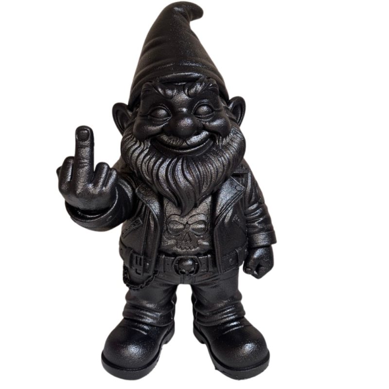 Nain de jardin biker doigt d'honneur peint en Raptor noir – vue de face