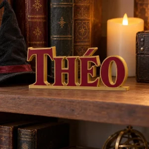Prénom 3D Harry Potter personnalisé à poser : lettres dorées et bordeaux sur une étagère d'enfant avec des livres