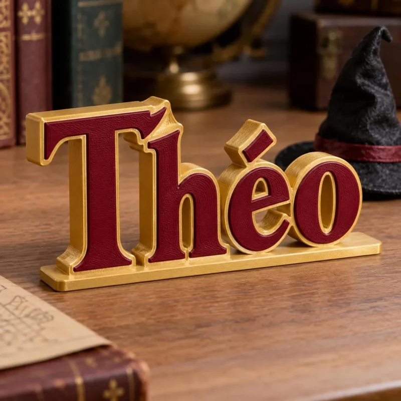 Prénom 3D Harry Potter vu de près, lettres bicolores imprimées en 3D, avec un accessoire (chapeau de sorcier) en option