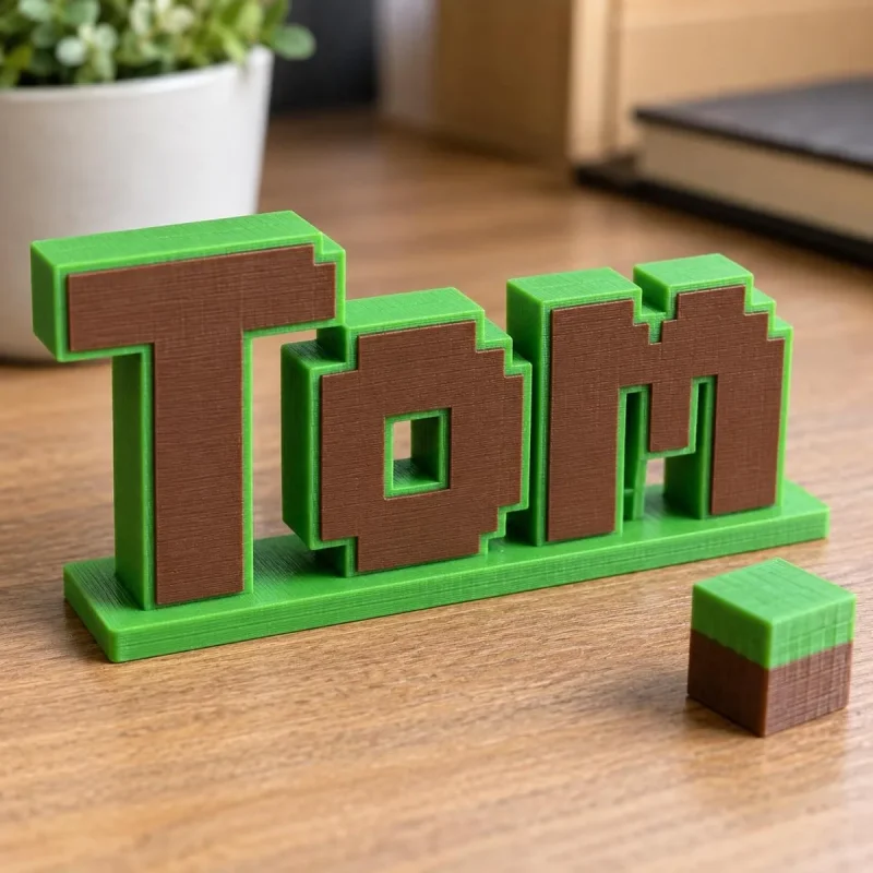 Prénom 3D Minecraft vu de près, lettres bicolores imprimées en 3D, avec un accessoire (cube) en option