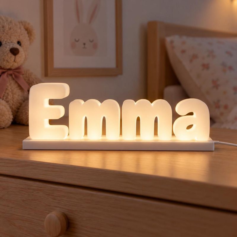 Prénom lumineux 3D Emma en lettres LED blanc chaud posé sur une commode