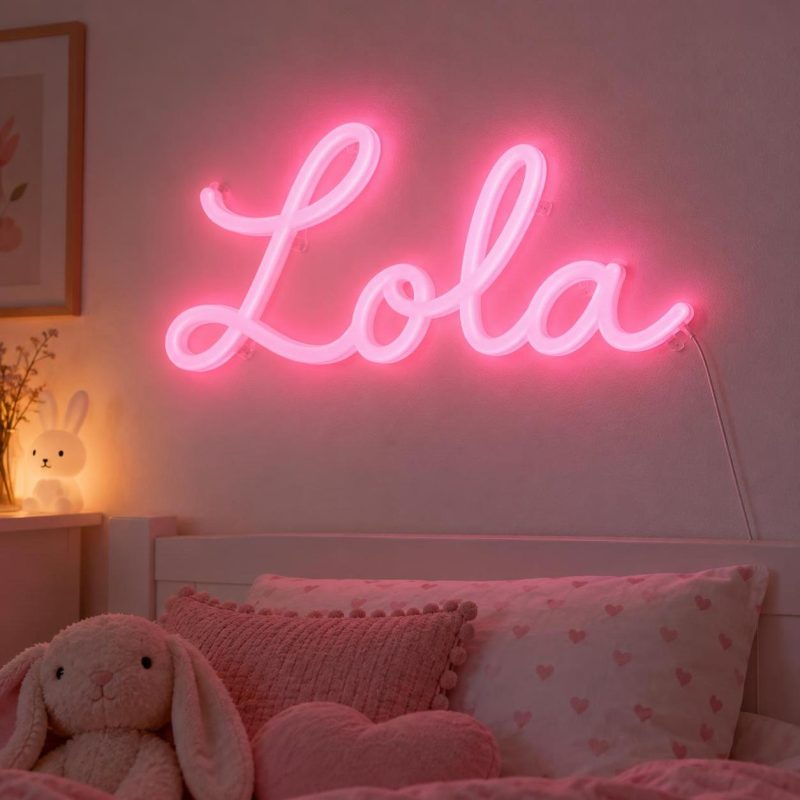 Prénom néon mural Lola imprimé en 3D, lumière rose