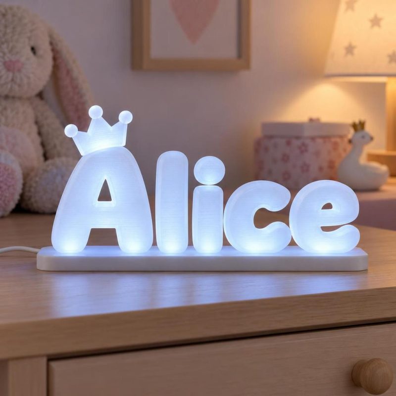 Prénom lumineux 3D Alice avec une couronne, LED Blanc froid