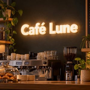 Enseigne lumineuse 3D Café Lune en lettres LED blanc chaud derrière un comptoir