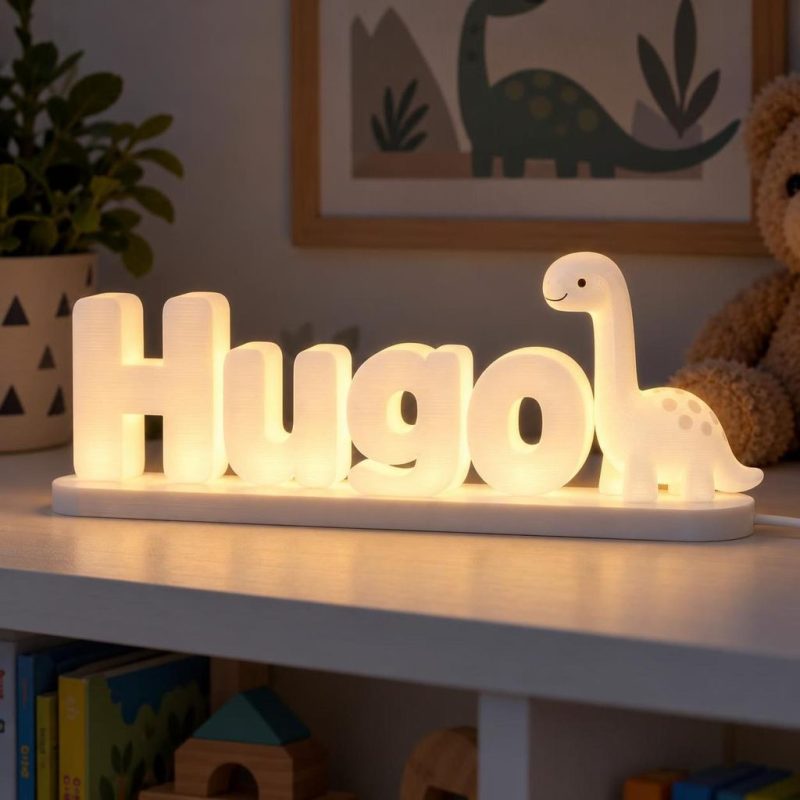 Prénom lumineux 3D Hugo avec un dinosaure, LED blanc chaud