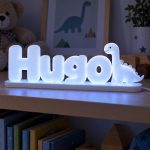 Prénom lumineux 3D Hugo avec un dinosaure, LED Blanc froid