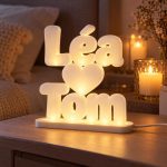 Double prénom lumineux 3D Léa et Tom avec un cœur, LED blanc chaud