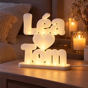 Double prénom lumineux 3D Léa et Tom avec un cœur, LED blanc chaud