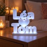 Double prénom lumineux 3D Léa et Tom avec un cœur, LED Blanc froid