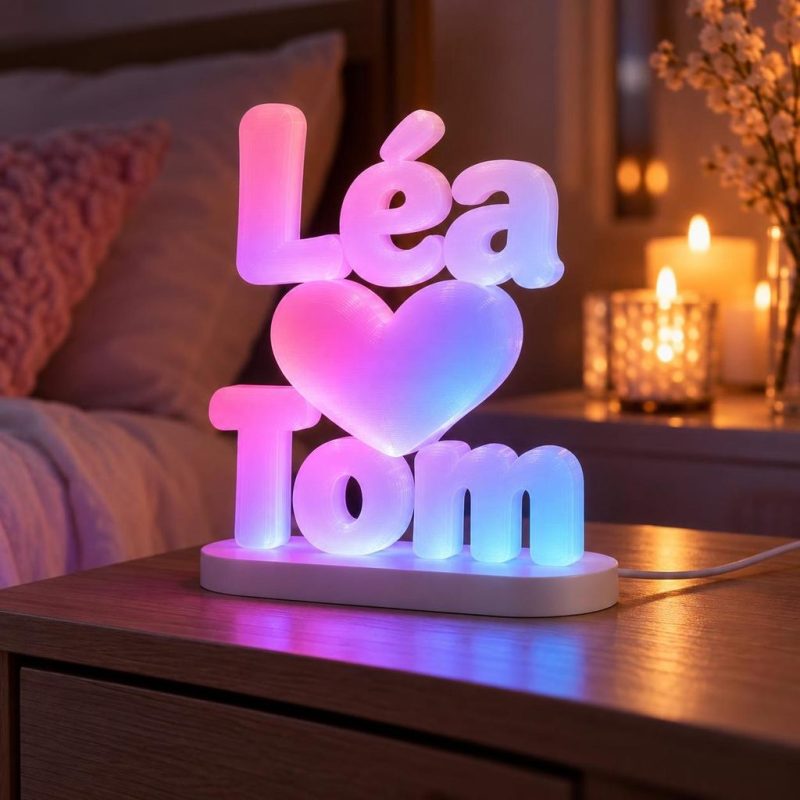 Double prénom lumineux 3D Léa et Tom avec un cœur, LED multicolore