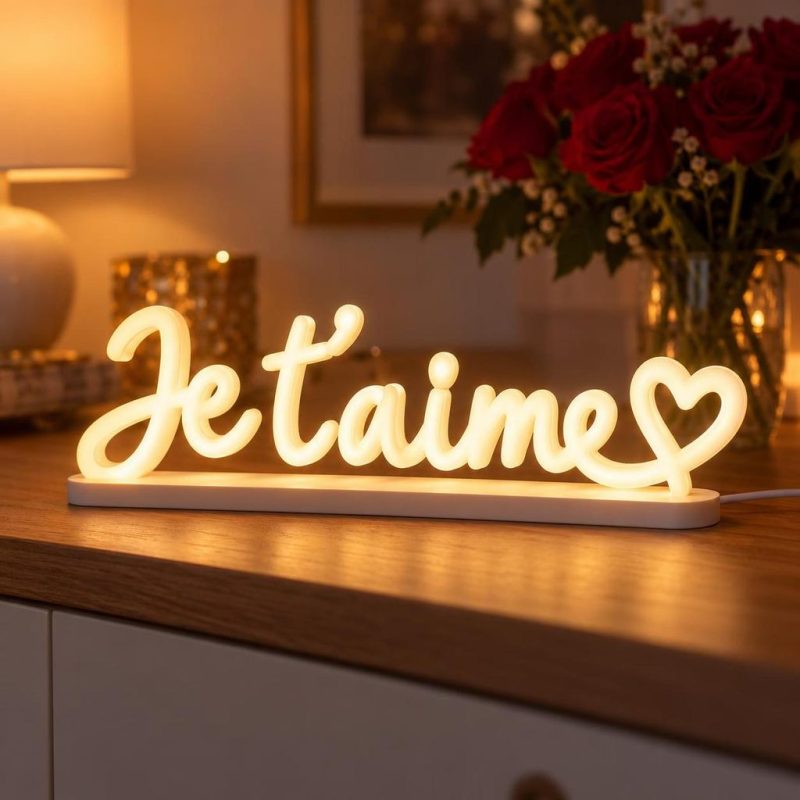 Message Je t'aime lumineux 3D en écriture manuscrite, LED blanc chaud