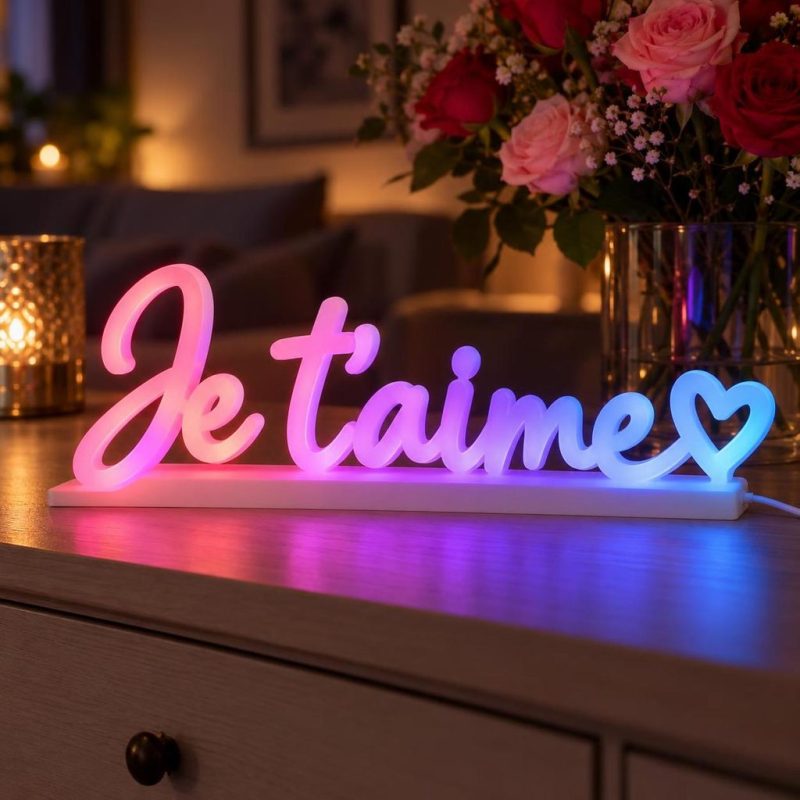 Message Je t'aime lumineux 3D en écriture manuscrite, LED multicolore