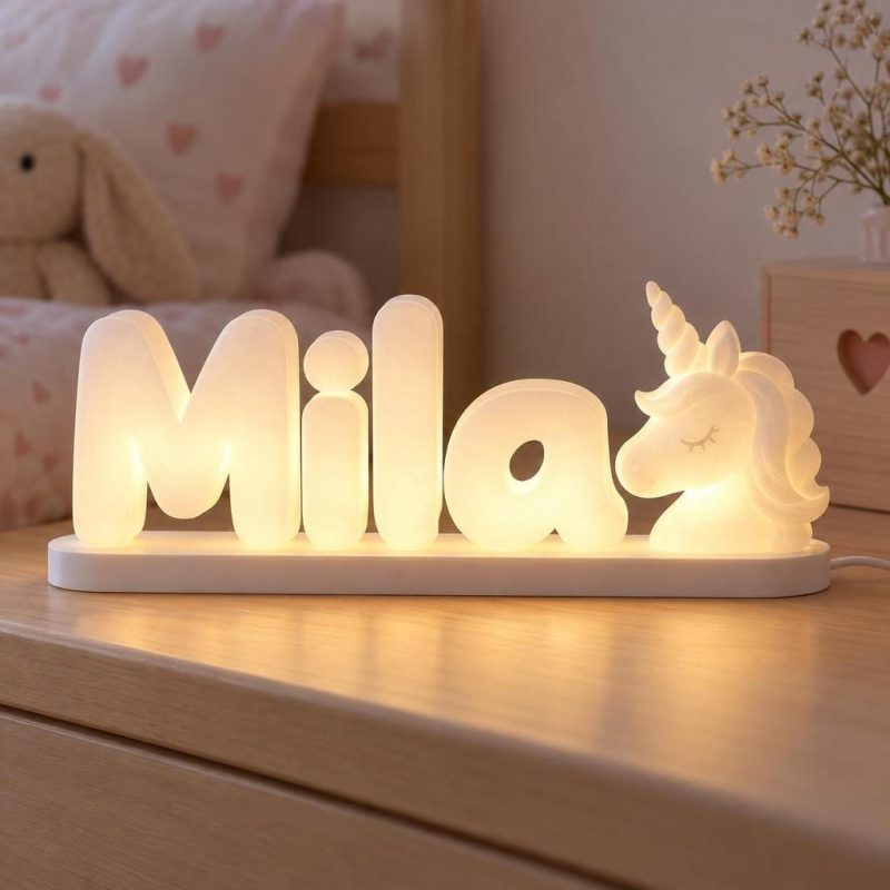 Prénom lumineux 3D Mila avec une licorne, LED blanc chaud