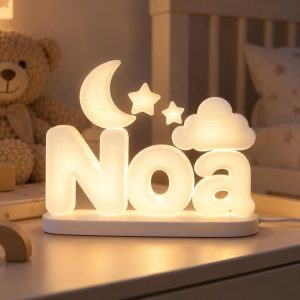 Prénom lumineux 3D Noa avec lune, étoiles et nuage, LED blanc chaud