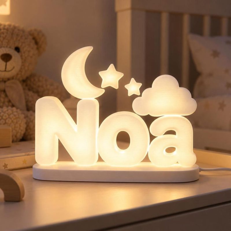Prénom lumineux 3D Noa avec lune, étoiles et nuage, LED blanc chaud