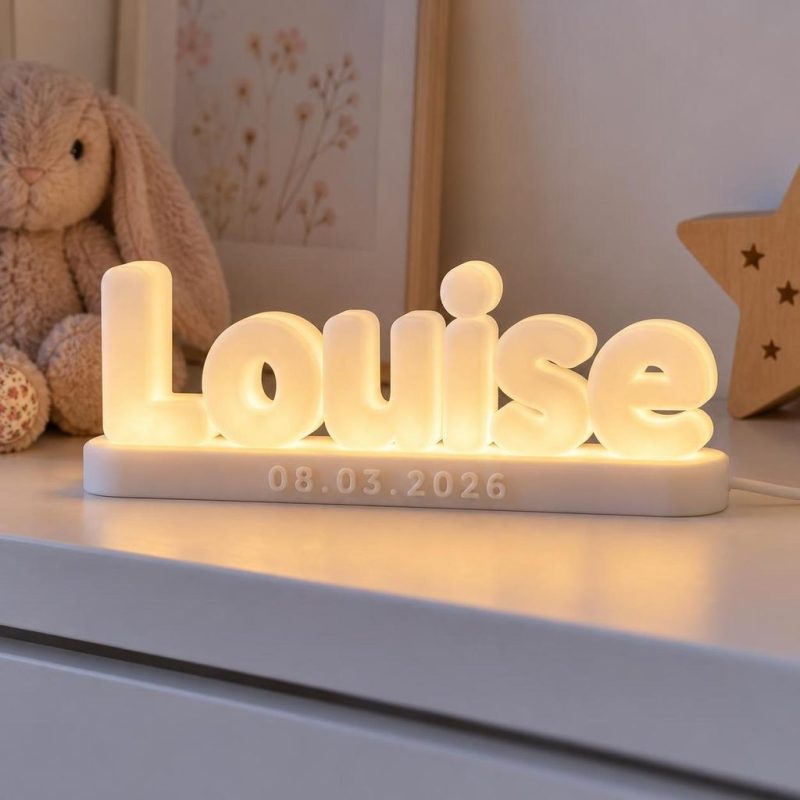 Prénom lumineux 3D Louise avec date de naissance, LED blanc chaud