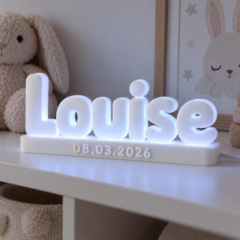 Prénom lumineux 3D Louise avec date de naissance, LED Blanc froid