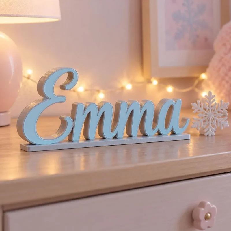 Prénom 3D Reine des neiges personnalisé à poser Prénom 3D Reine des neiges personnalisé à poser : lettres argentées et bleu glacier sur une commode de chambre de petite fille